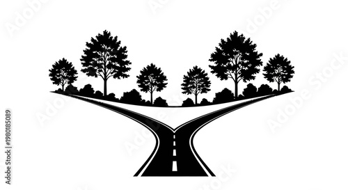 Road diverging into the distance beneath trees black silhouette