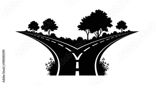 A diverging road leads into a stylized tree lined horizon silhouette