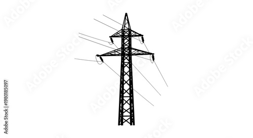 Tall electrical transmission tower against a bright white background silhouette