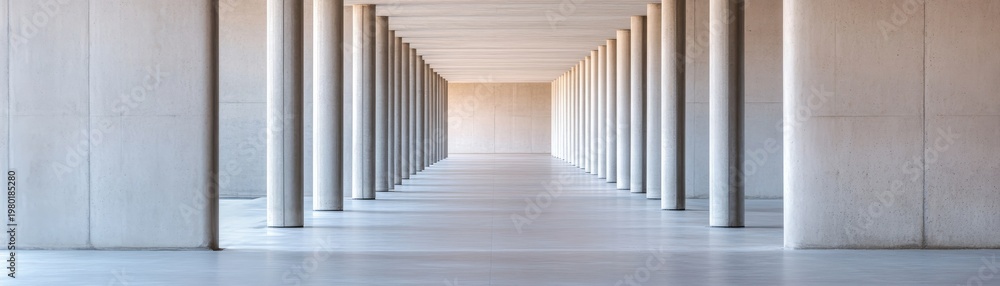 Naklejka premium Infinite Concrete Path Symmetrical architectural perspective of a columned hall, leading lines converging to a warm light, reflecting modern minimalism and structure. ,Perspective