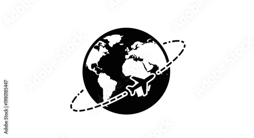 Airplane circumnavigating globe travel and transportation concept graphic