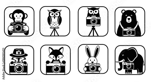 Animal photographers icons monkey owl bear fox rabbit elephant
