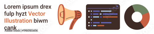 Marketing strategies, software development, analytics, data-driven decisions, multimedia, design. Megaphone, code snippet and pie chart. Marketing strategies and software development concept