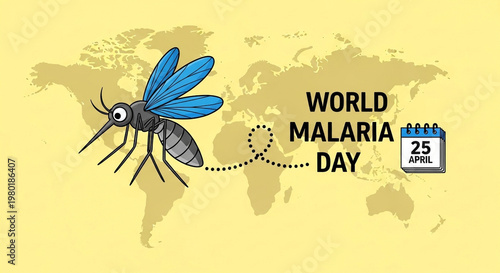 This image is a graphic illustration created for World Malaria Day, observed annually on April 25th. The illustration features a prominent mosquito, the vector for malaria, set against a backdrop
