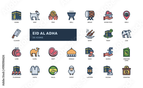 Eid Al Adha Colored Outline Icon Set Islamic Sacrifice Holiday