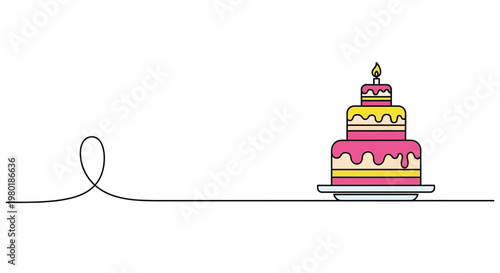 Colorful three tiered birthday cake with pink and yellow icing