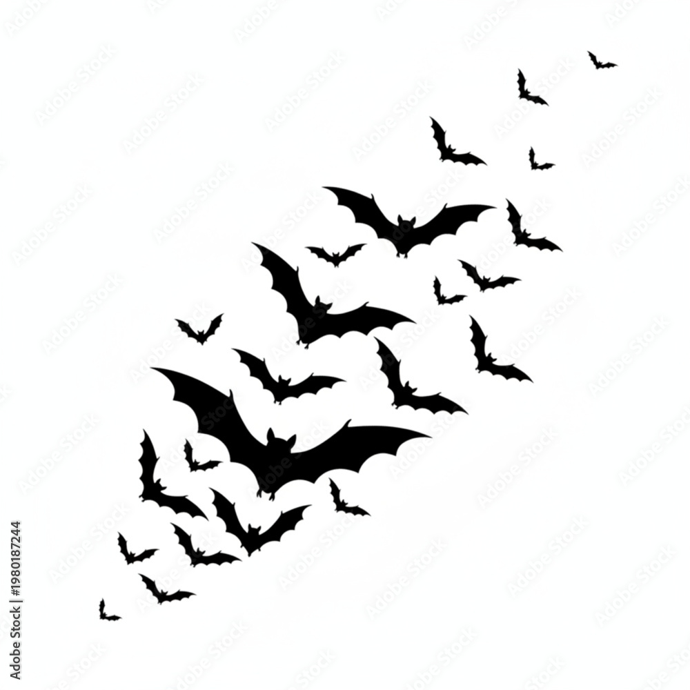 Fototapeta premium A flock of bats flying in a diagonal formation on a white background
