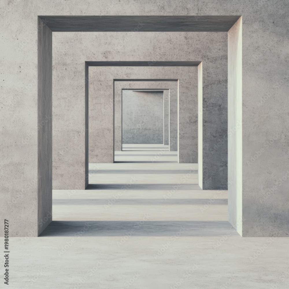Fototapeta premium Repetitive concrete frames in a minimalist geometric corridor, showcasing infinite perspective, light and shadow. A modern architectural void. Brutalism, Abstract