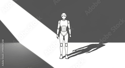 Artificial intelligence robot standing in dramatic light and shadow