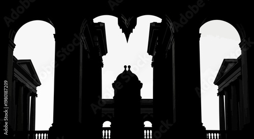 Architectural silhouette of classical arches and pillars against a bright sky