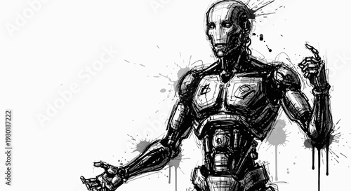Artistic robot illustration in black and white with ink splatter effect