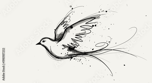 Artistic sketch of a dove in flight with ink splashes on white background