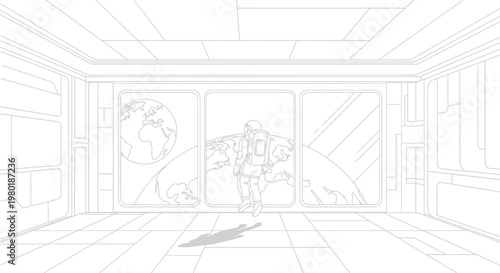 Astronaut floating in space station observing earth through window
