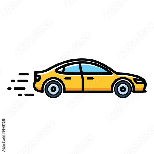 Yellow car speeding with motion lines on white background