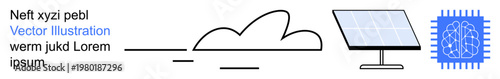 Renewable energy, artificial intelligence, sustainable tech, machine learning, clean energy, environment. Cloud outline, solar panel and AI chip graphic. Renewable energy and AI concept