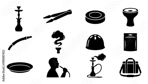 Hookah Accessories Silhouette Set, Shisha Lounge Icons Collection, Hookah Tools and Smoking Culture Vector