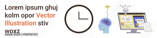 Time tracking, AI development, cybersecurity, task management, cognitive processes, digital tools. Clock, brain with thought process and a computer showing secured operations. Time tracking and AI