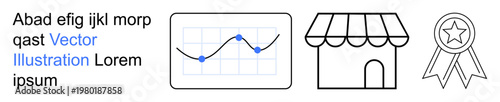 Business growth, retail strategy, achievement, market trends, data analysis, e-commerce. Chart with line graph, storefront outline and ribbon award. Business growth and retail strategy