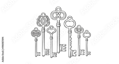 Collection of detailed vintage ornamental skeleton keys, antique metal key set, decorative old key line art illustration.