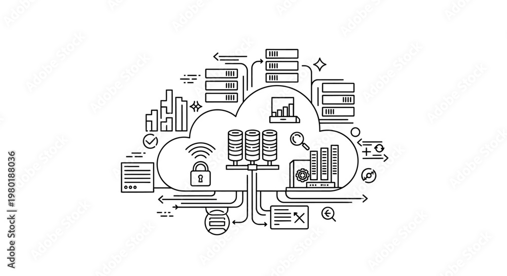 Naklejka premium Cloud Computing Infrastructure Line Art Illustration with Data Storage, Network Security, and Analytics Concept