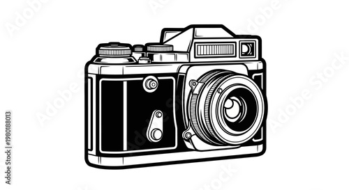 Detailed vector illustration of a vintage retro film camera, classic photography equipment in black and white style