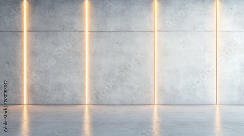 Textured concrete wall and reflective floor illuminated by warm orange vertical neon light strips, a contemporary industrial empty room backdrop. ,architecture ,minimal