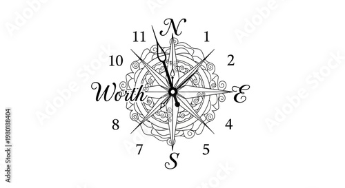 Elegant vintage black and white illustration of a detailed compass rose combined with a clock face, symbolizing direction, time, and travel.