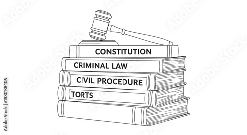Outline drawing of law books stack with a gavel, symbolizing justice, legal education, and court proceedings.
