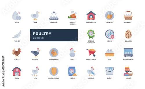 Poultry Flat Icon Set Farm Chicken Egg Livestock Agriculture
