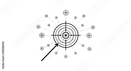 Strategic business target with arrow hitting bullseye, surrounded by a network of interconnected circles, symbolizing focus, reach, and goal achievement.
