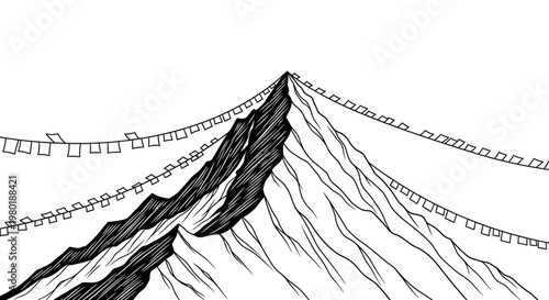 Hand-drawn illustration of a majestic mountain peak adorned with traditional prayer flags against a white background, symbolizing spirituality and adventure.
