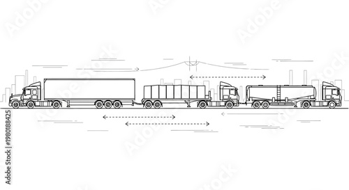 Line Art Vector of Diverse Commercial Trucks with Trailers. Global Logistics, Freight Shipping, and Supply Chain Transportation Network.