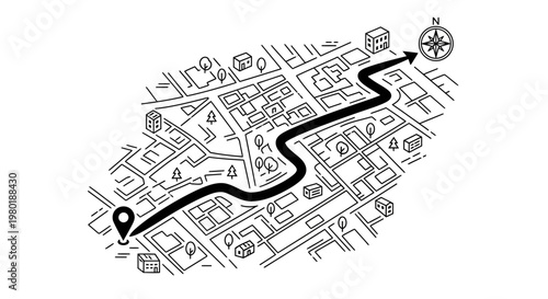 Hand-drawn city map illustration with winding route from a location pin to a compass rose, representing navigation and journey