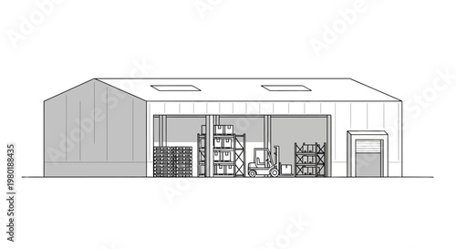 Line art illustration of an industrial warehouse with open loading docks, storage shelves, and forklift. Logistics, supply chain, and distribution concept.
