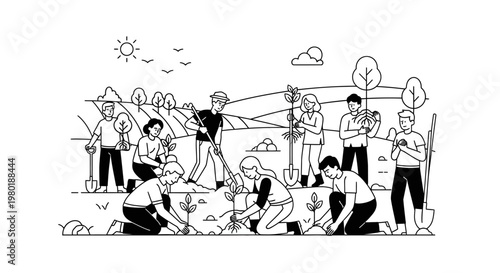 Group of diverse people planting trees together in a field, an environmental conservation and reforestation community effort line art illustration.