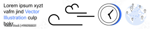 Global connectivity, time management, world travel, navigation, scheduling, logistics. Clock symbol with lines indicating motion, globe with location markers. Global connectivity and time management