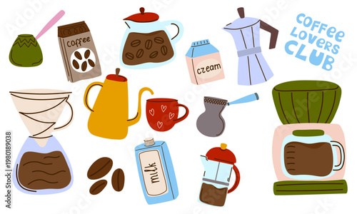 Coffee lovers club icons and morning drinks set. Cute cozy cafe elements like maker, pot, over pour coffee maker, bean. Hand drawn cafe icons for kitchen decor, menu design, or sticker