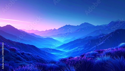 Vibrant purple and blue mountain range landscape with lush foliage at sunset