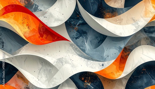 Vibrant abstract art piece featuring wavy shapes in orange, white, and blue hues.