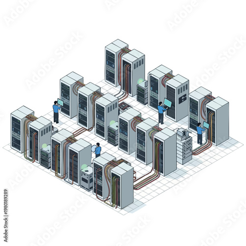 Modern Data Center with High Performance Server Racks and Network Equipment