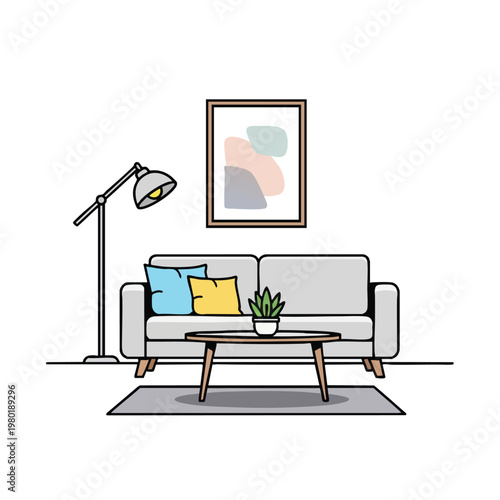 Modern Minimalist Living Room Interior with Cozy Sofa and Decorative Art