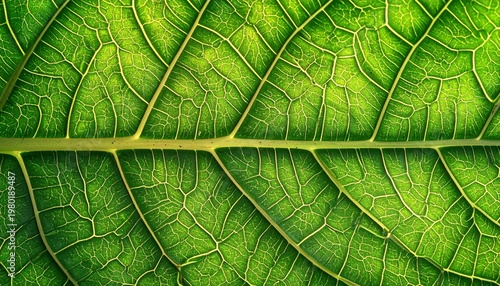 A close-up view of a vibrant green leaf showcasing intricate veins and textures in a natural outdoor setting with plants.