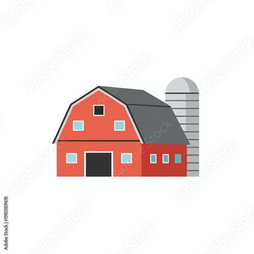 Modern Illustration of a Rustic Country Farm with Red Barn and Silos