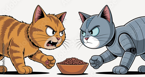 Fierce Fight Between Angry Cat and Robot Cat Over Food Bowl in Cartoon Art