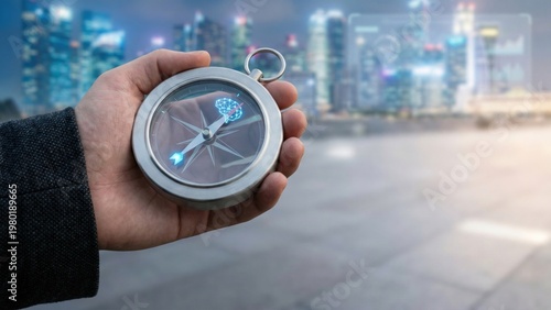 Future Tech Direction, Compass with Digital Brain Against Urban Background for Technology Direction