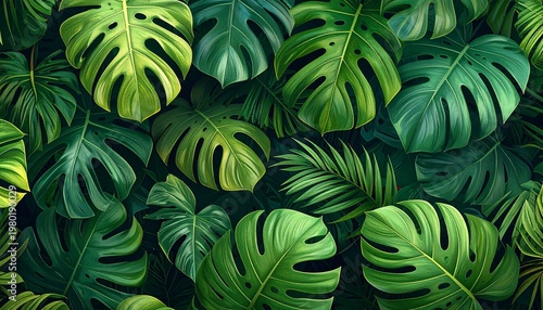A vibrant collection of tropical leaves fills the frame with lush green foliage.