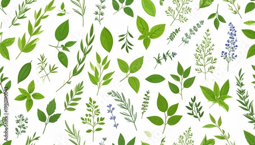 A vibrant collection of various green leaves and flowers scattered randomly on a plain surface