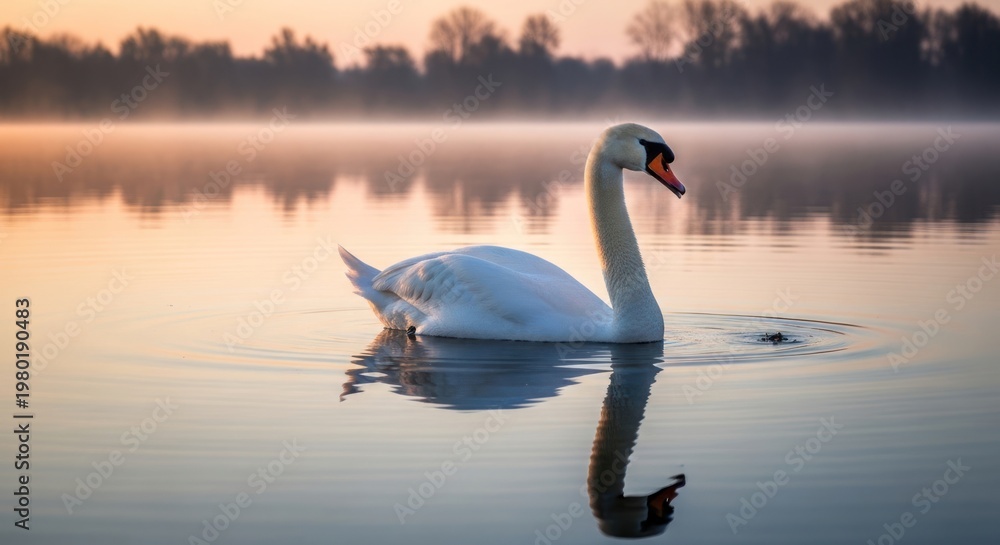 Fototapeta premium Elegant white swan gliding on tranquil water at sunrise with reflection