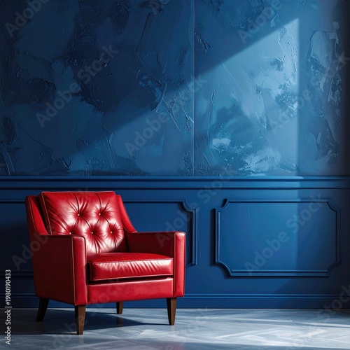 A striking red armchair stands out against a textured, deep blue wall in a classically styled room.