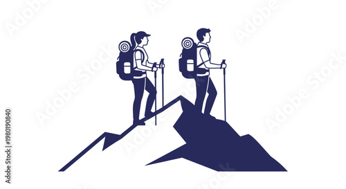 Couple hiking a mountain with backpacks and trekking poles
